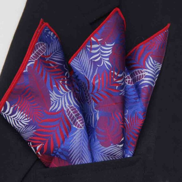 SW for Gascoigne Pocket Square Red Blue White Palm Fronds Pattern Men's - Picture 3 of 4